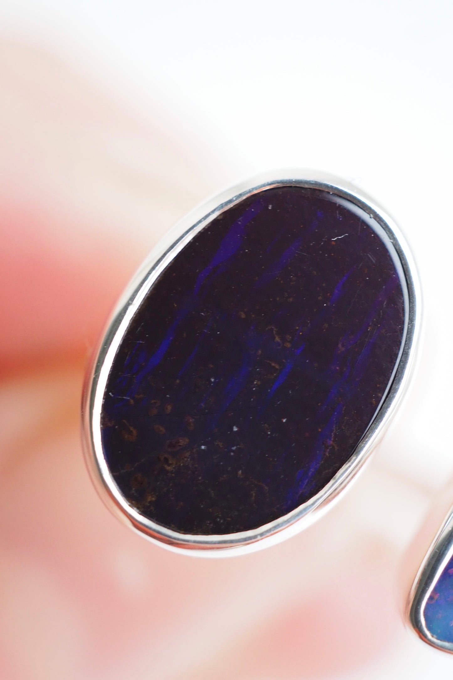Double Blue Boulder Opal Open Ring - Size K