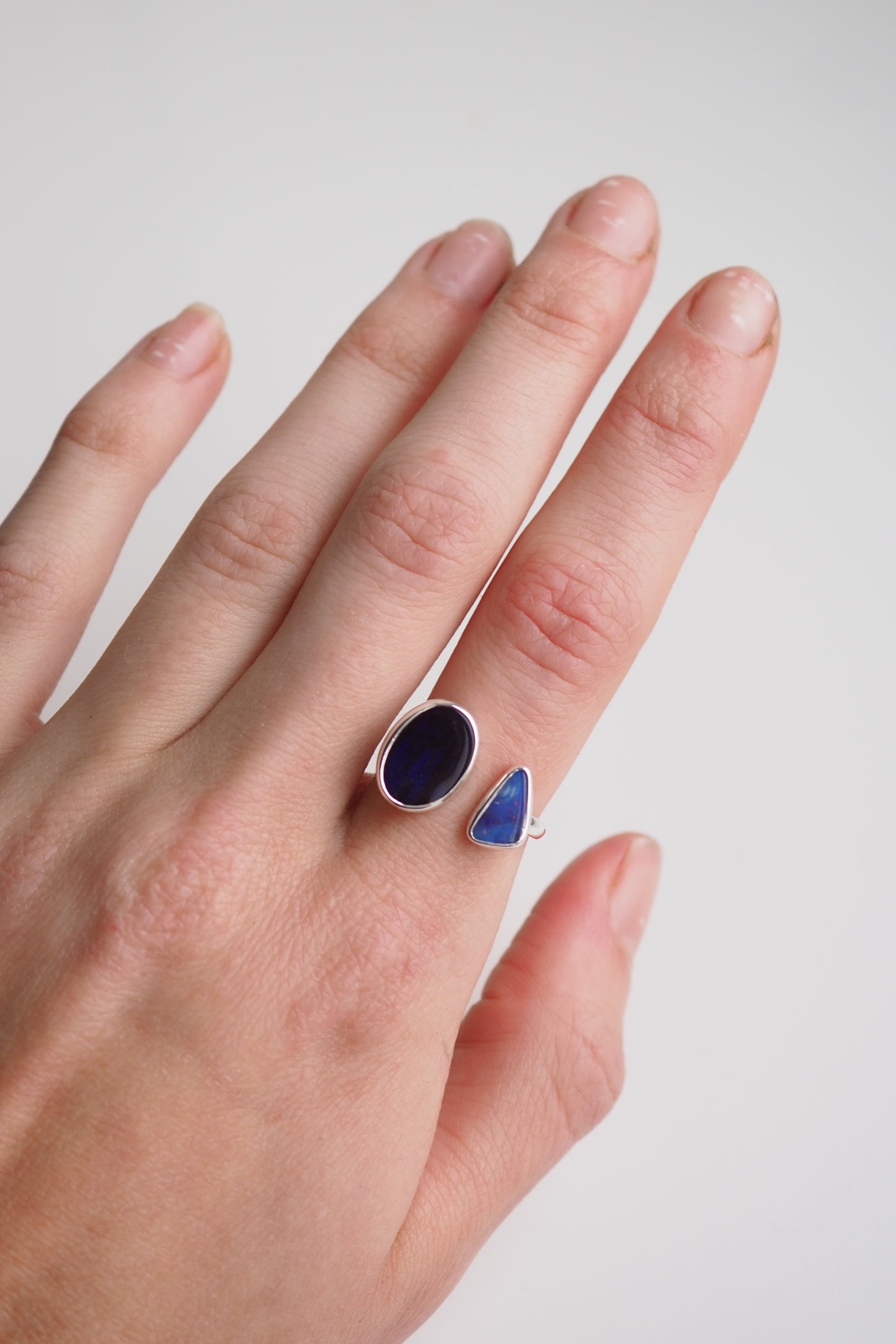 Double Blue Boulder Opal Open Ring - Size K