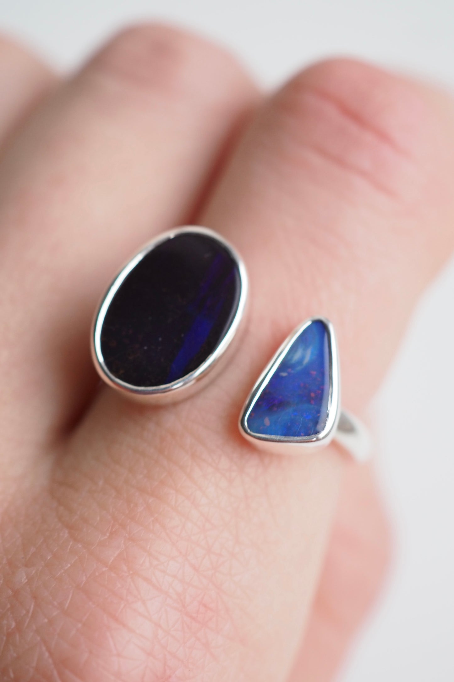 Double Blue Boulder Opal Open Ring - Size K
