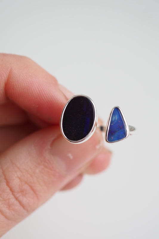 Double Blue Boulder Opal Open Ring - Size K